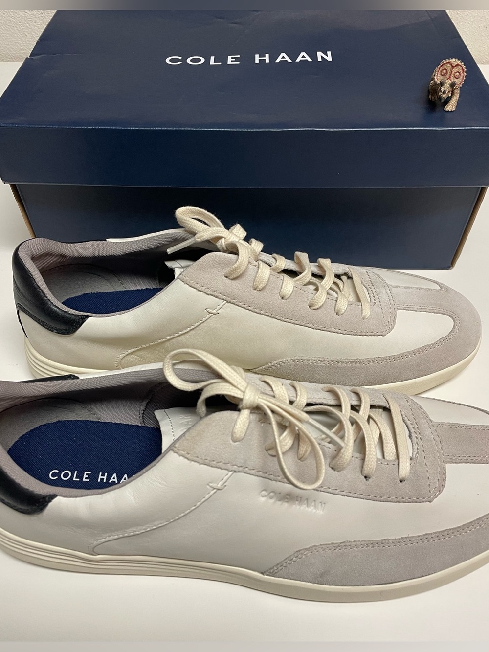 Cole Haan Men’s Cream & Light Gray Leather Sneakers with Black Heel